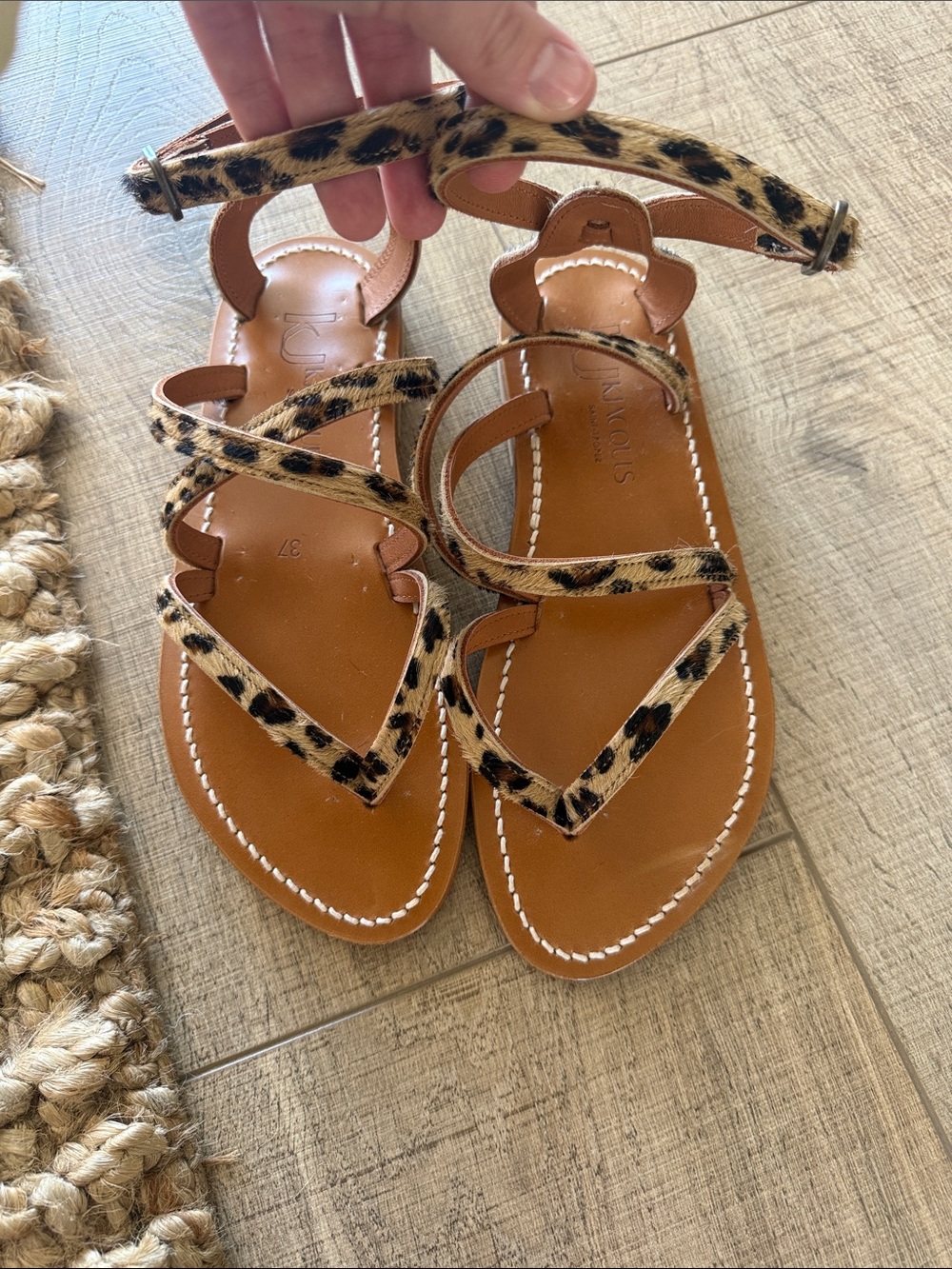 K Jacques  Leopard Print Strappy Leather Sandals - Brown